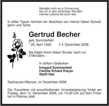 Traueranzeige von Gertrud Becher von ALLGEMEINE ZEITUNG UELZEN