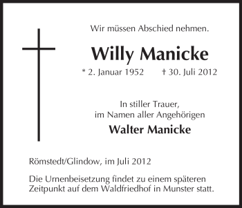 Traueranzeige von Willy Manicke von ALLGEMEINE ZEITUNG UELZEN