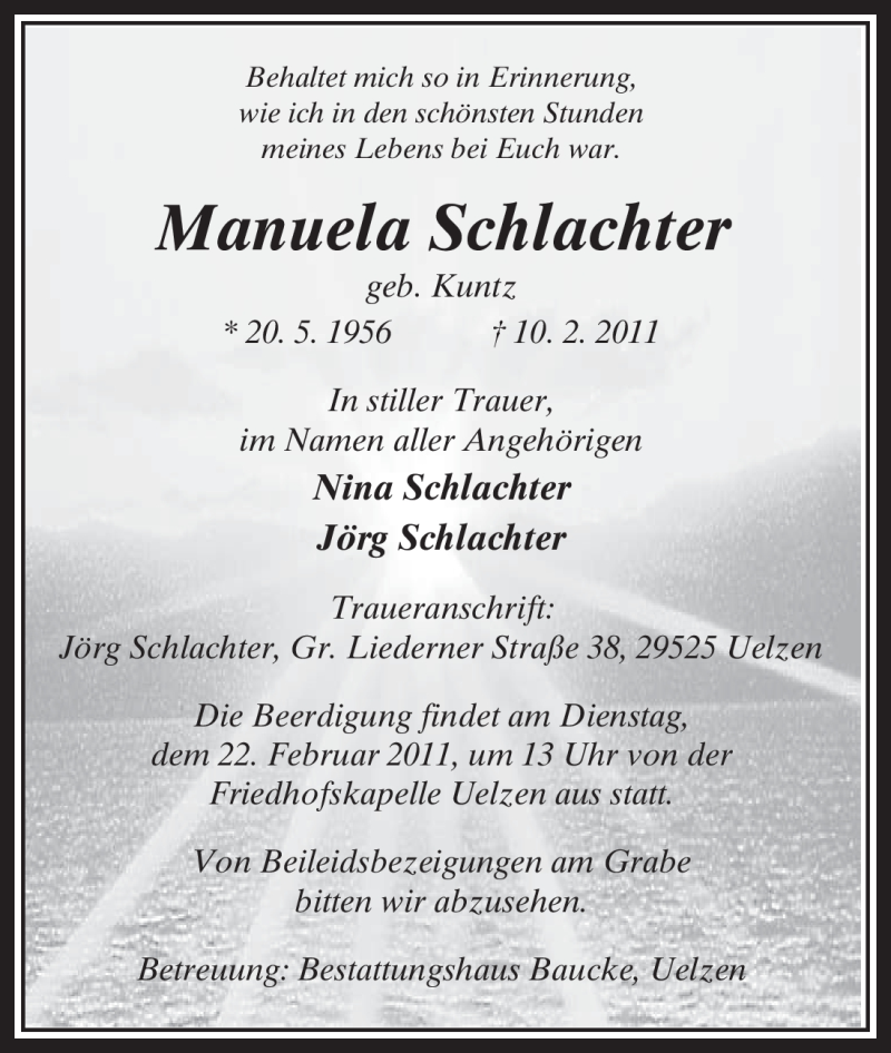  Traueranzeige für Manuela Schlachter vom 17.02.2011 aus ALLGEMEINE ZEITUNG UELZEN