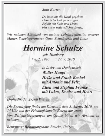 Traueranzeige von Hermine Schulze von ALLGEMEINE ZEITUNG UELZEN