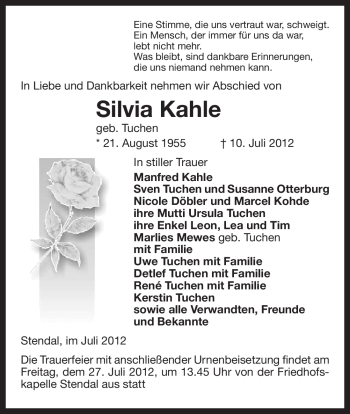 Traueranzeige von Silvia Kahle von ALLGEMEINE ZEITUNG UELZEN