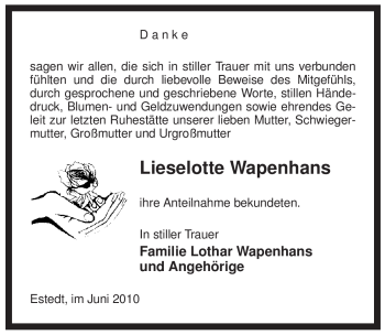 Traueranzeige von Lieselotte Wapenhans von ALLGEMEINE ZEITUNG UELZEN