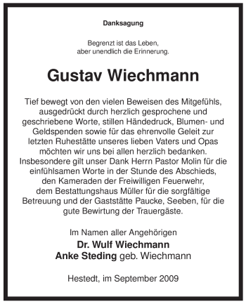 Traueranzeige von Gustav Wiechmann von ALLGEMEINE ZEITUNG UELZEN