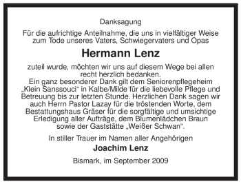 Traueranzeige von Hermann Lenz von ALLGEMEINE ZEITUNG UELZEN