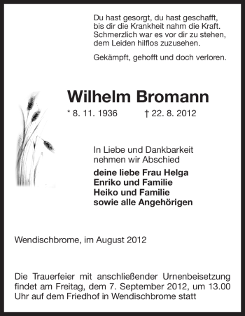 Traueranzeige von Wilhelm Bromann von ALLGEMEINE ZEITUNG UELZEN