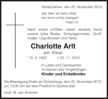 Traueranzeige von Charlotte Arlt von ALLGEMEINE ZEITUNG UELZEN