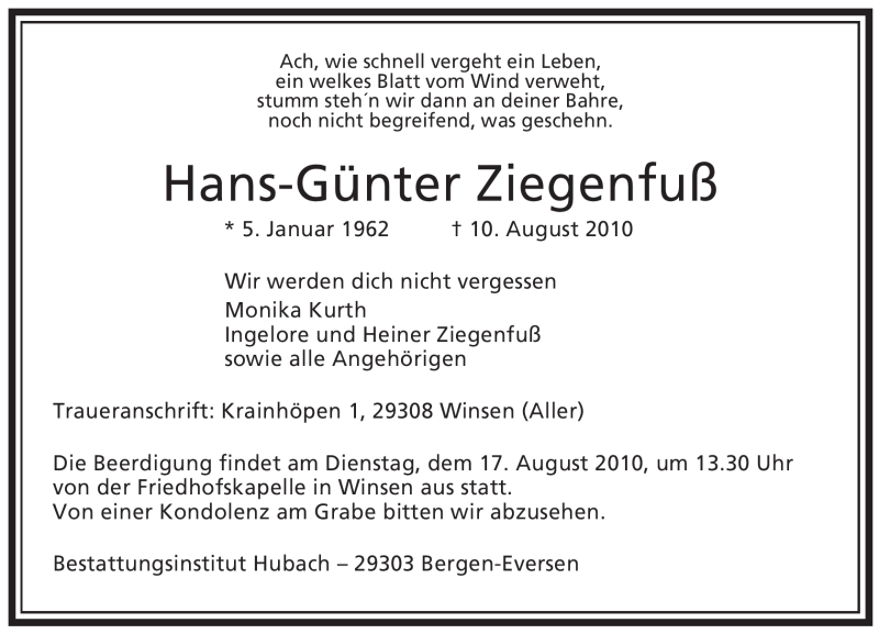  Traueranzeige für Hans-Günter Ziegenfuß vom 14.08.2010 aus ALLGEMEINE ZEITUNG UELZEN