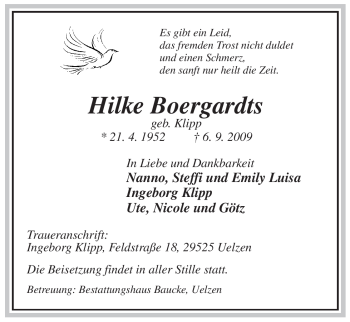 Traueranzeige von Hilke Boergardts von ALLGEMEINE ZEITUNG UELZEN