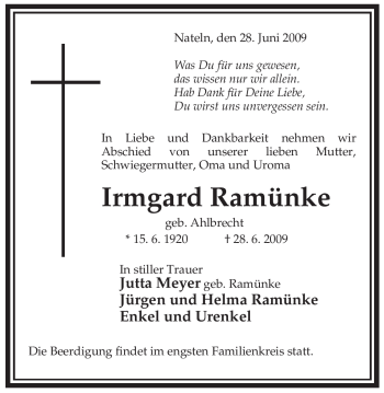 Traueranzeige von Irmgard Ramünke von ALLGEMEINE ZEITUNG UELZEN