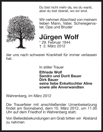 Traueranzeige von Jürgen Wolf von ALLGEMEINE ZEITUNG UELZEN