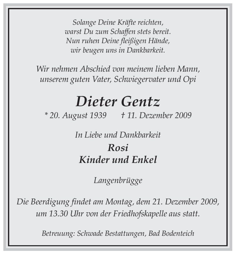  Traueranzeige für Dieter Gentz vom 15.12.2009 aus ALLGEMEINE ZEITUNG UELZEN