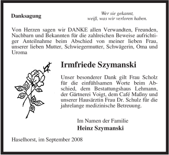 Traueranzeige von Irmfriede Szymanski von ALLGEMEINE ZEITUNG UELZEN