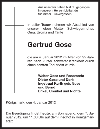 Traueranzeige von Gertrud Gose von ALLGEMEINE ZEITUNG UELZEN