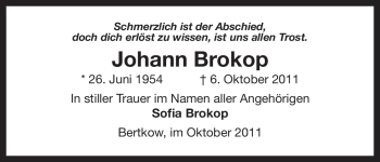 Traueranzeige von Johann Brokop von ALLGEMEINE ZEITUNG UELZEN