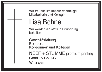 Traueranzeige von Lisa Bohne von ALLGEMEINE ZEITUNG UELZEN