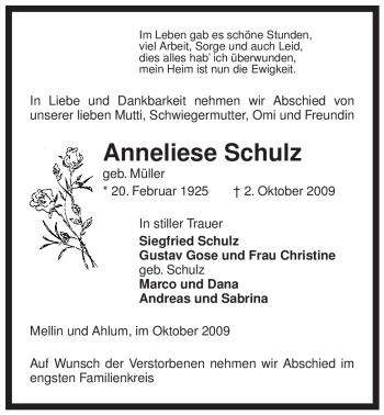 Traueranzeige von Anneliese Schulz von ALLGEMEINE ZEITUNG UELZEN