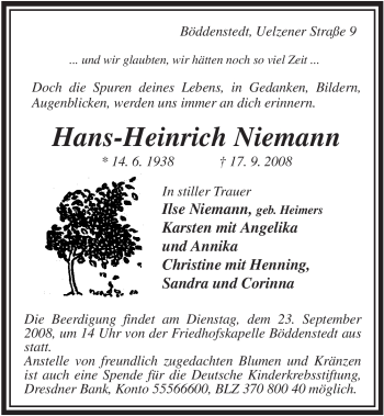Traueranzeige von Hans-Heinrich Niemann von ALLGEMEINE ZEITUNG UELZEN