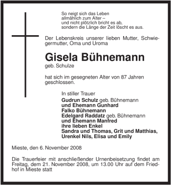 Traueranzeige von Gisela Bühnemann von ALLGEMEINE ZEITUNG UELZEN