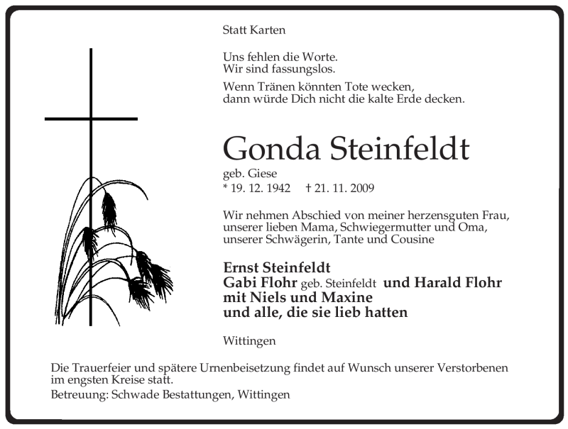  Traueranzeige für Gonda Steinfeldt vom 24.11.2009 aus ALLGEMEINE ZEITUNG UELZEN