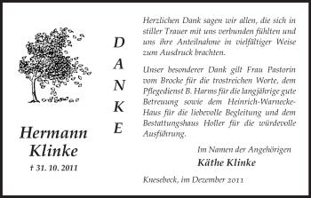 Traueranzeige von Hermann Klinke von ALLGEMEINE ZEITUNG UELZEN