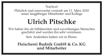 Traueranzeige von Ulrich Pitschke von ALLGEMEINE ZEITUNG UELZEN