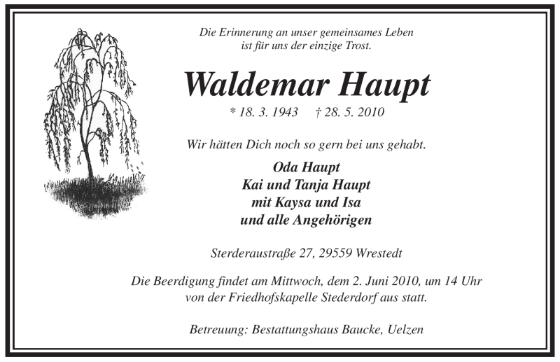  Traueranzeige für Waldemar Haupt vom 31.05.2010 aus ALLGEMEINE ZEITUNG UELZEN