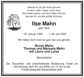 Traueranzeige von Ilse Mahn von ALLGEMEINE ZEITUNG UELZEN