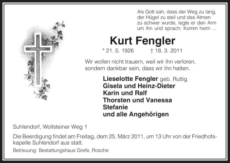 Traueranzeige für Kurt Fengler vom 19.03.2011 aus ALLGEMEINE ZEITUNG UELZEN