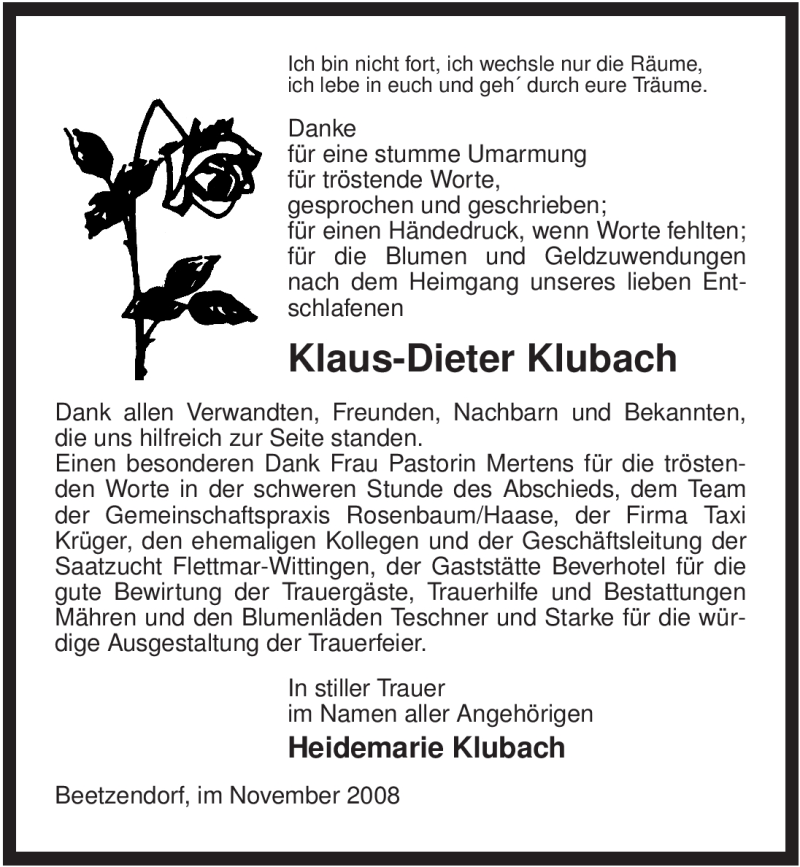  Traueranzeige für Klaus-Dieter Klubach vom 22.11.2008 aus ALLGEMEINE ZEITUNG UELZEN