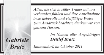 Traueranzeige von Gabriele Bratz von ALLGEMEINE ZEITUNG UELZEN