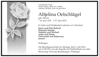 Traueranzeige von Altjelina Oelschlägel von ALLGEMEINE ZEITUNG UELZEN