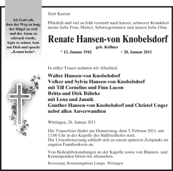 Traueranzeige von Renate Hansen von ALLGEMEINE ZEITUNG UELZEN