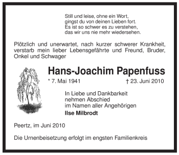 Traueranzeige von Hans-Joachim Papenfuss von ALLGEMEINE ZEITUNG UELZEN