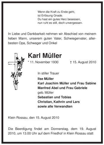 Traueranzeige von Karl Müller von ALLGEMEINE ZEITUNG UELZEN