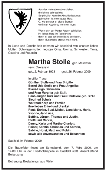 Traueranzeige von Martha Stolle von ALLGEMEINE ZEITUNG UELZEN