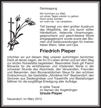 Traueranzeige von Friedrich Pieper von ALLGEMEINE ZEITUNG UELZEN