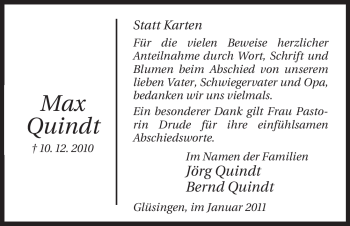 Traueranzeige von Max Quindt von ALLGEMEINE ZEITUNG UELZEN