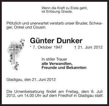 Traueranzeige von Günter Dunker von ALLGEMEINE ZEITUNG UELZEN