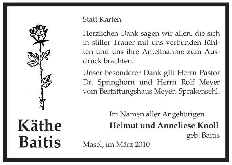  Traueranzeige für Käthe Baitis vom 20.03.2010 aus ALLGEMEINE ZEITUNG UELZEN