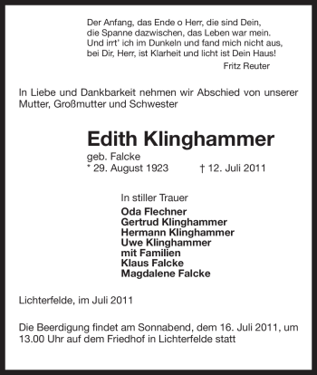 Traueranzeige von Edith Klinghammer von ALLGEMEINE ZEITUNG UELZEN