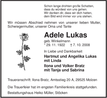 Traueranzeige von Adele Lukas von ALLGEMEINE ZEITUNG UELZEN