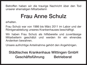 Traueranzeige von Anne Schulz von ALLGEMEINE ZEITUNG UELZEN