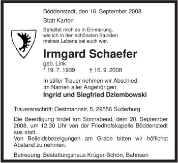 Traueranzeige von Irmgard Schaefer von ALLGEMEINE ZEITUNG UELZEN
