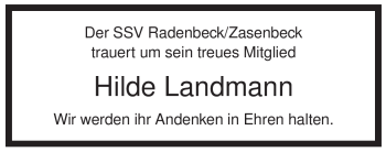 Traueranzeige von Hilde Landmann von ALLGEMEINE ZEITUNG UELZEN