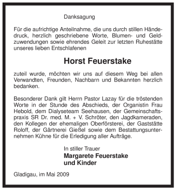 Traueranzeige von Horst Feuerstake von ALLGEMEINE ZEITUNG UELZEN