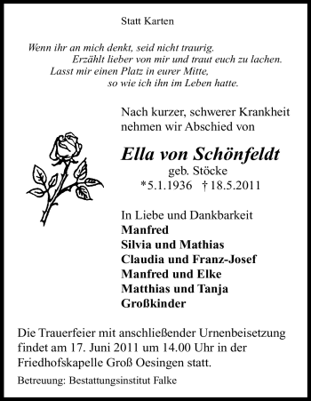 Traueranzeige von Ella Schönfeldt von ALLGEMEINE ZEITUNG UELZEN