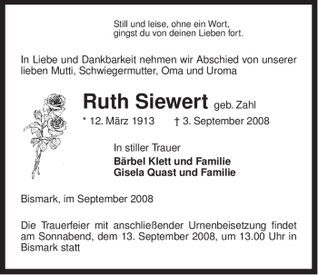 Traueranzeige von Ruth Siewert von ALLGEMEINE ZEITUNG UELZEN