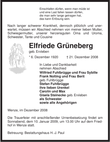 Traueranzeige von Elfriede Grüneberg von ALLGEMEINE ZEITUNG UELZEN