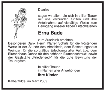 Traueranzeige von Erna Bade von ALLGEMEINE ZEITUNG UELZEN