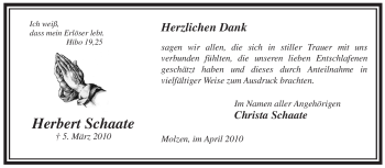 Traueranzeige von Herbert Schaate von ALLGEMEINE ZEITUNG UELZEN